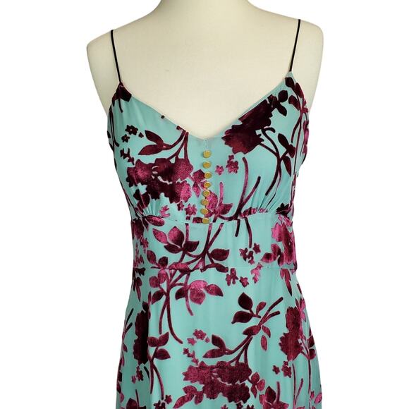 Yigal Azrouel Y2K Silk Blend Slip Dress 6 Elegant Teal w/ Plum Velvet Floral NWT - Picture 4 of 16